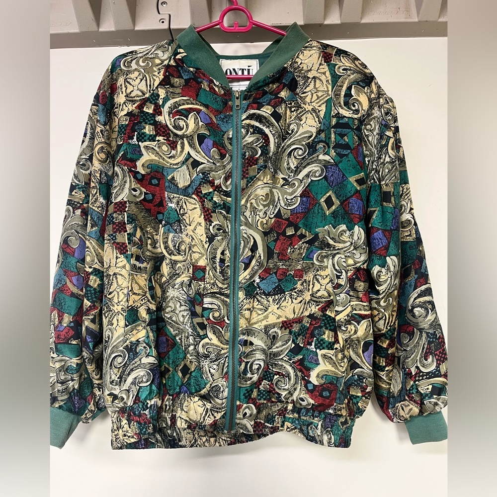 Vintage Ontu Medium 100% Silk Geometric Pattern Bomber Jacket